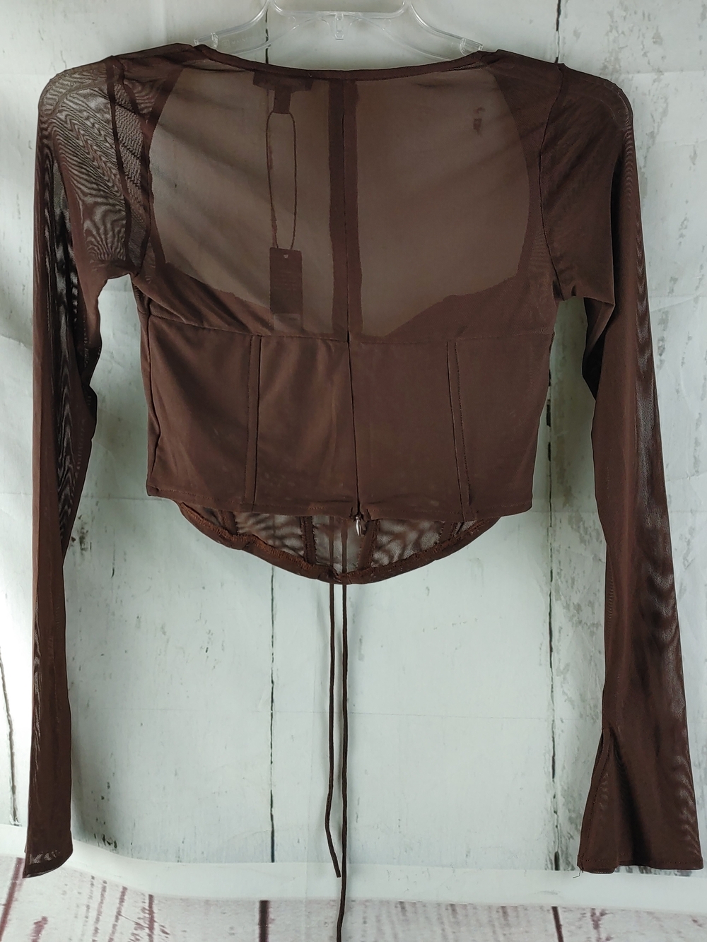Fashion Nova Melanie Mesh Corset Top Womens L Brown Long Sleeve Bustier NWT - Picture 6 of 10